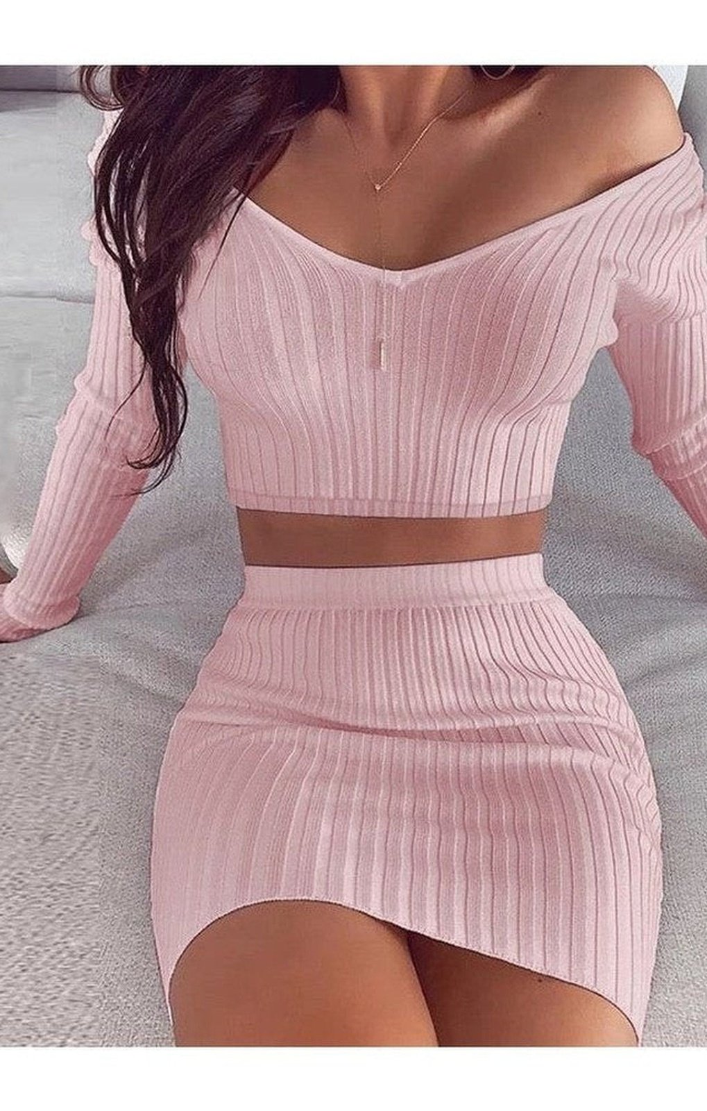 Long Sleeve Ribbed Crop Top & Skirt Sets (Many Colors)