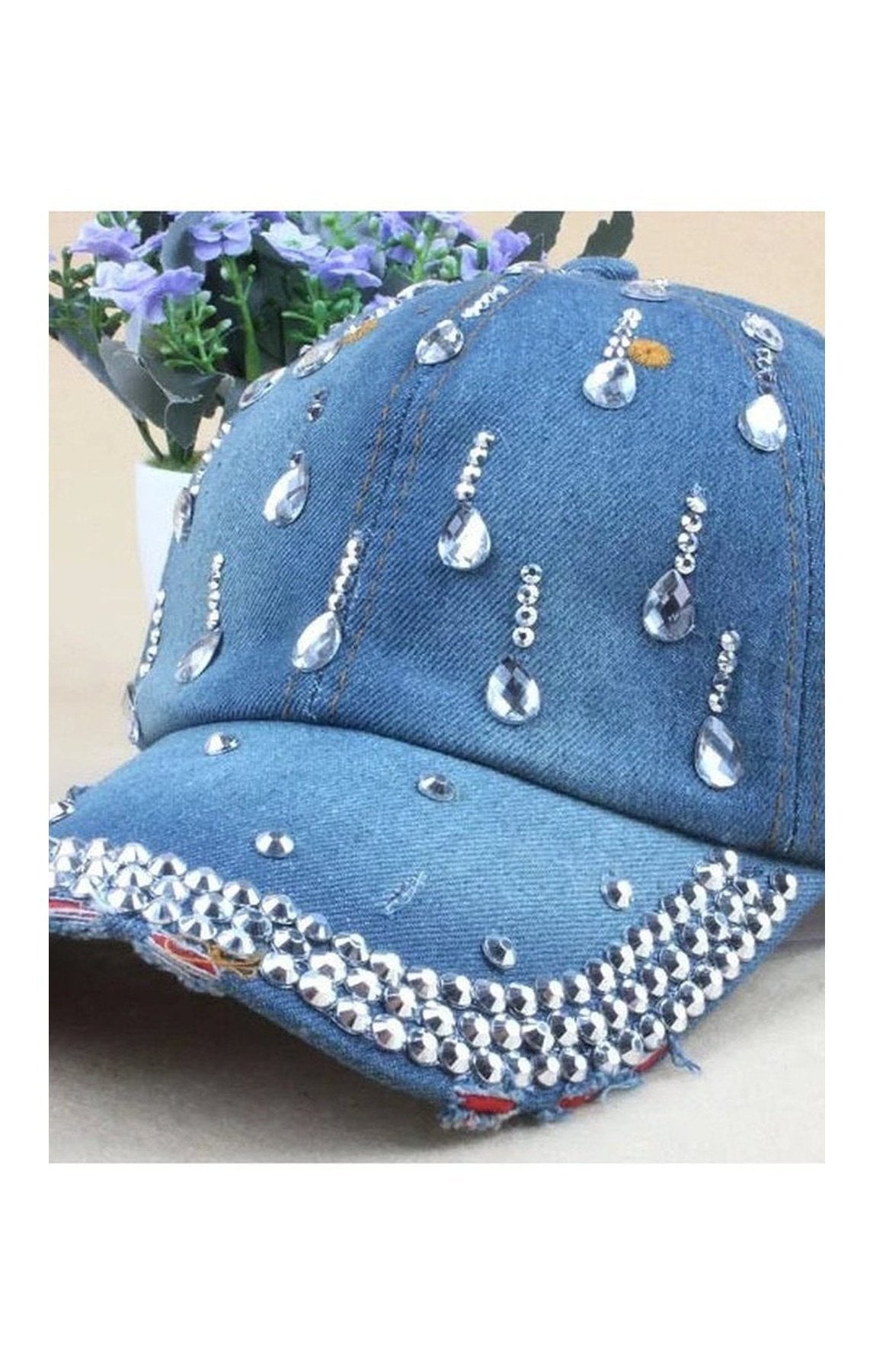 Water Drop Rhinestones Vintage Jean Cotton Baseball Caps (3 Colors)