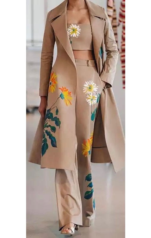 Floral Print Trench Coat Ling Blazer & Pants Set (2 Colors)