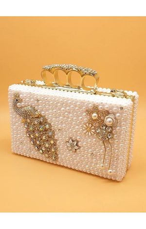 White Flats Stones Pearl Beads Matching Clutch  purse bag Set Bling Stones