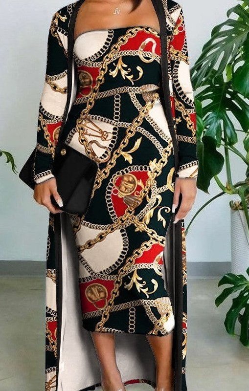 Chain Scarf Print Tube Bodycon Dress With Longline Coat