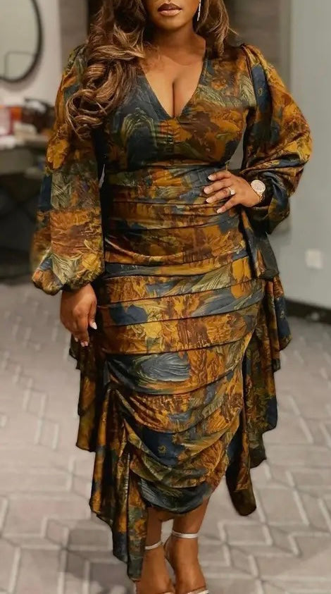 Print  Lantern Sexy Satin party  dress Long Sleeve  (3 Colors) Plus Size Available