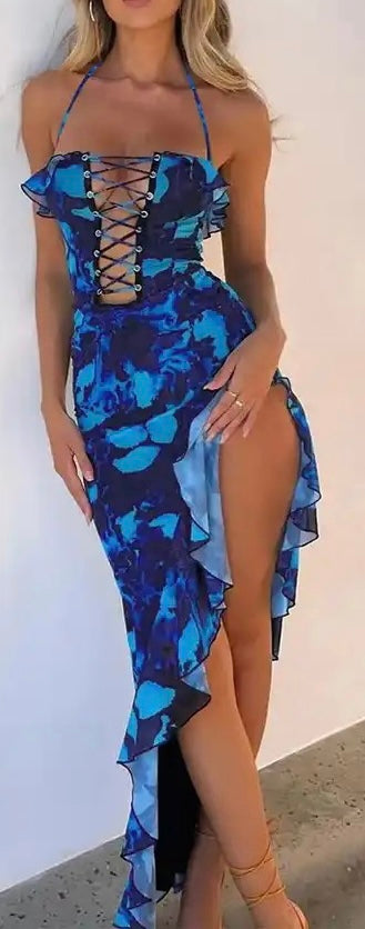Blue Floral Print Halter Backless Lace Up Ruffles  sexy dress