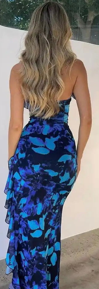 Blue Floral Print Halter Backless Lace Up Ruffles  sexy dress