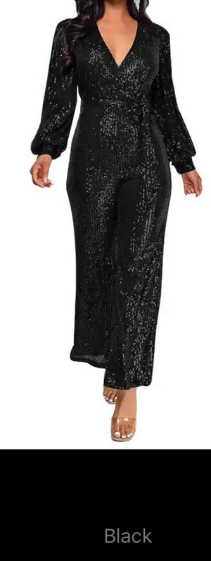 Long Sleeve Belted Party SexySequins Jumpsuit (Many Colors)
