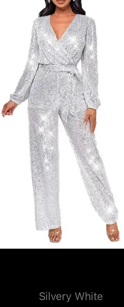 Long Sleeve Belted Party SexySequins Jumpsuit (Many Colors)