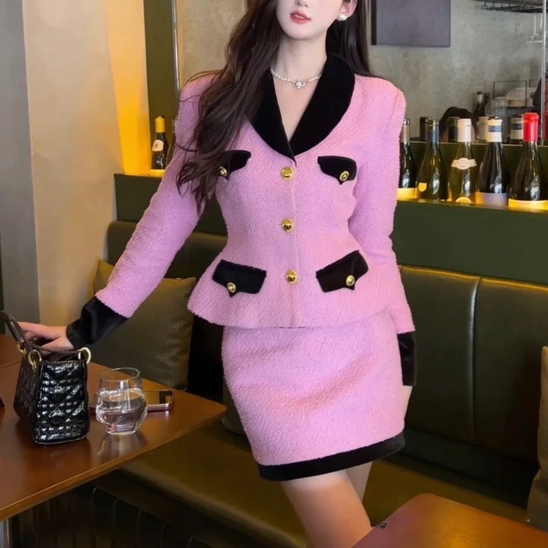 2 Piece Pink Black Blazer Skirt  Set