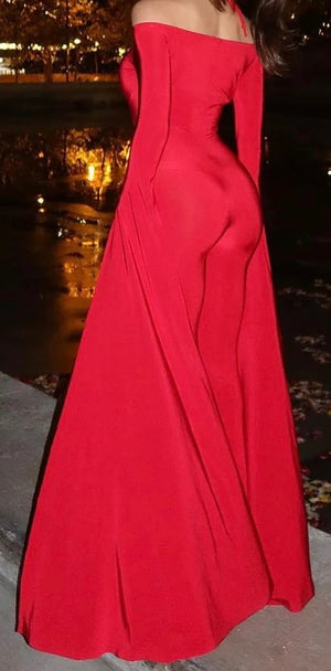 Elegant Women Jumpsuit Slash Red Cape Style