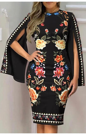 Print Cape Sleeve Dress  (Many Colors) Plus Size Available