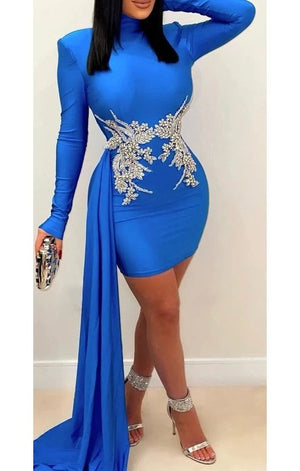 Long Sleeve Embroidered Bodycon Mini Dress  with Train (2 Colors)
