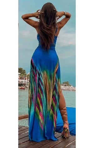 Blue Multicolored printed sexy slit maxi dress