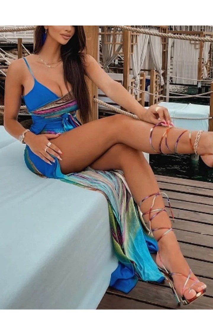 Blue Multicolored printed sexy slit maxi dress