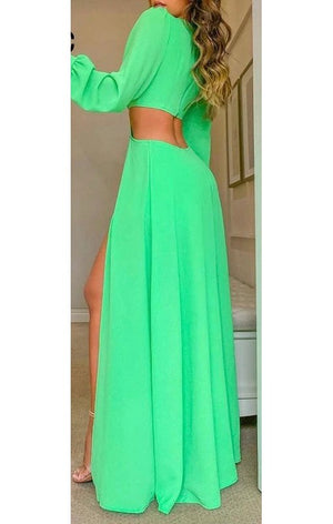 Green Long Sleeve sexy Cut Out slit maxi dress