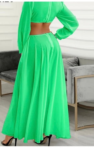 Green Long Sleeve sexy Cut Out slit maxi dress