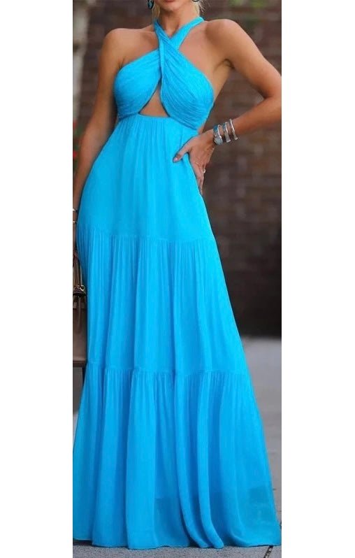Blue Solid Sleeveless Cross Backless Lace Up Halte sexy Cut Out slit maxi dress