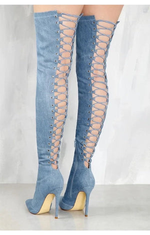 Pointed Toe  Over The Knee Denim Back Cut  Crossed Elastic Denim  Thigh Boots Shoes Women. (2 Colors)