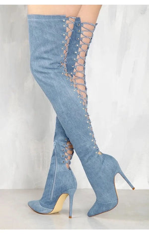 Pointed Toe  Over The Knee Denim Back Cut  Crossed Elastic Denim  Thigh Boots Shoes Women. (2 Colors)