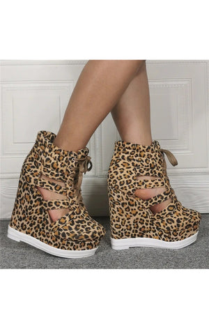 Leopard cut out wedge Ankle Gladiators Booties