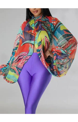 Gradient Printed Batwing Long Sleeve Front Split Top (Many Colors)