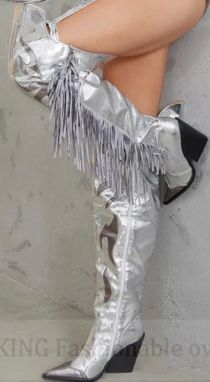 Silver Belted Tassel Ovee the Knee Boots