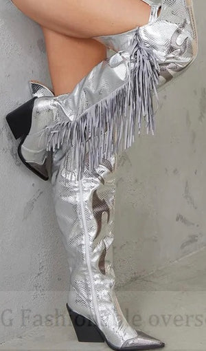 Silver Belted Tassel Ovee the Knee Boots