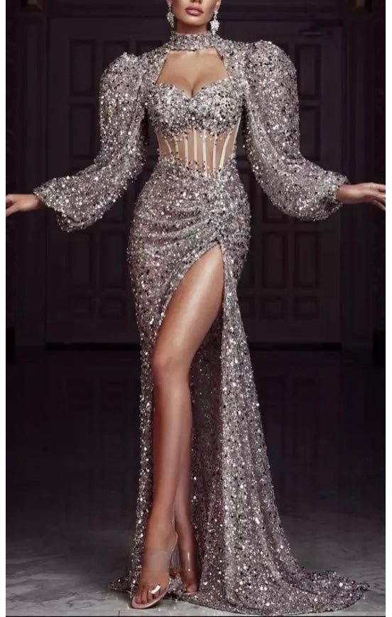 Sequin Puff Sleeve Bling Gown