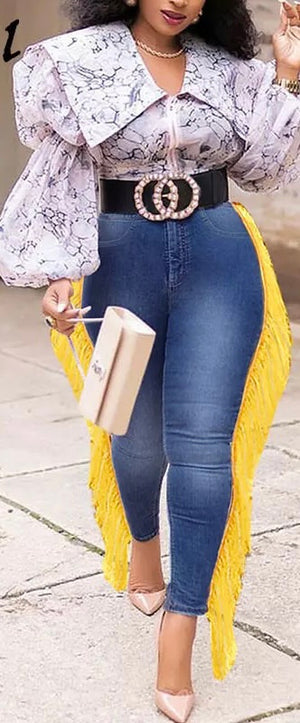 Yellow  Tassel jeans bottoms (Plus Sizes Available)