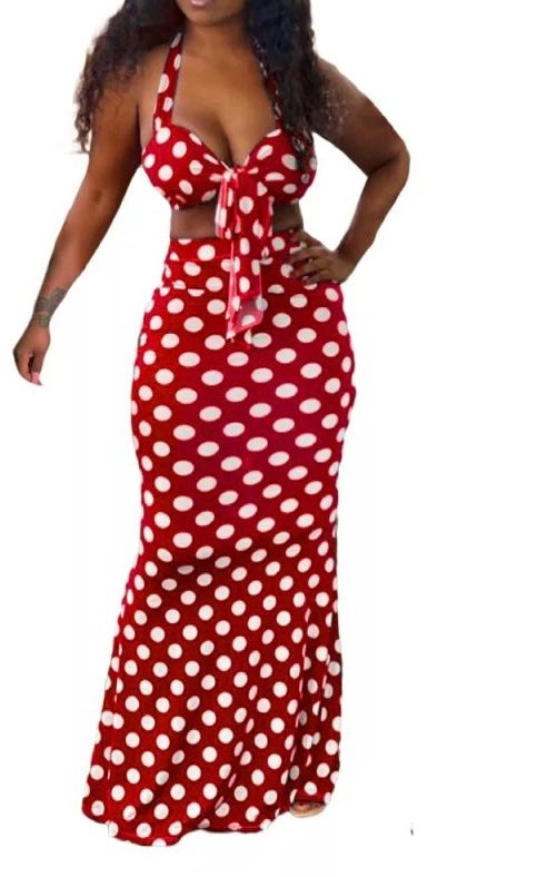 Polka Dot V-neck Crop Tops Long Trumpet Skirts Two 2 Piece Set Sexy (2 Colors)