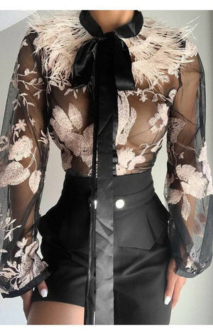 Embroidery Floral Tie Neck Contrast Feather Sheer Mesh Top