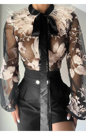 Embroidery Floral Tie Neck Contrast Feather Sheer Mesh Top