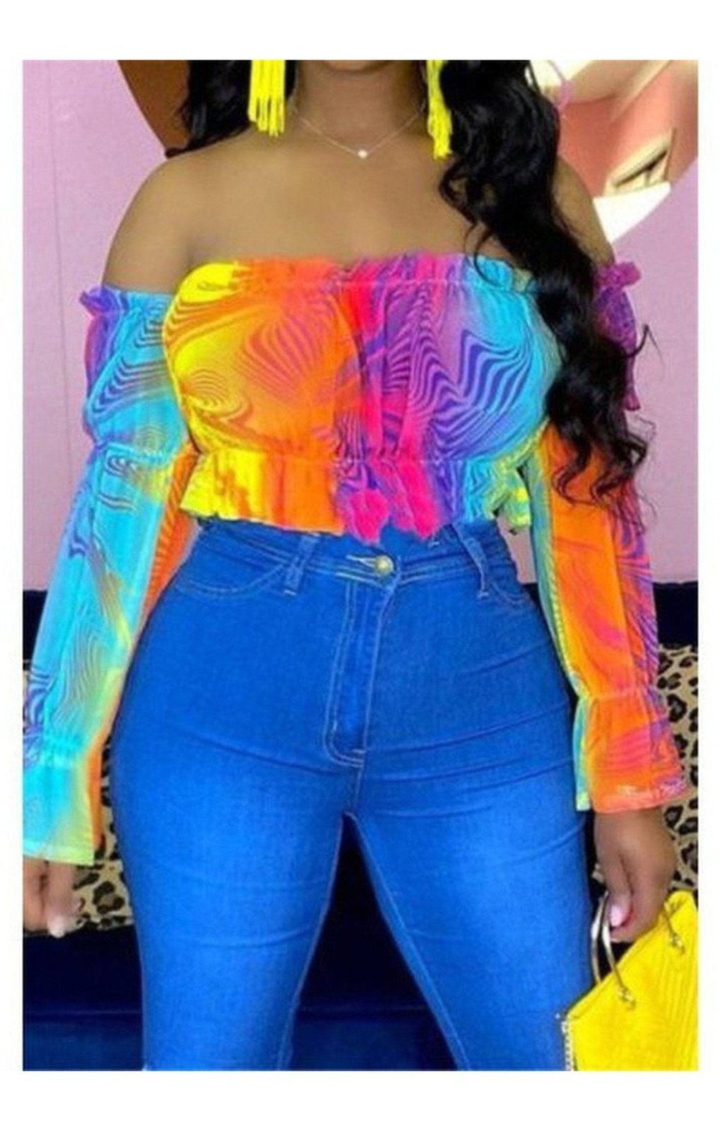 Colorful gradient color print stretch off-shoulder stylish tops