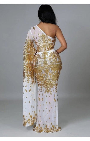 One Shoulder White Gold Dress