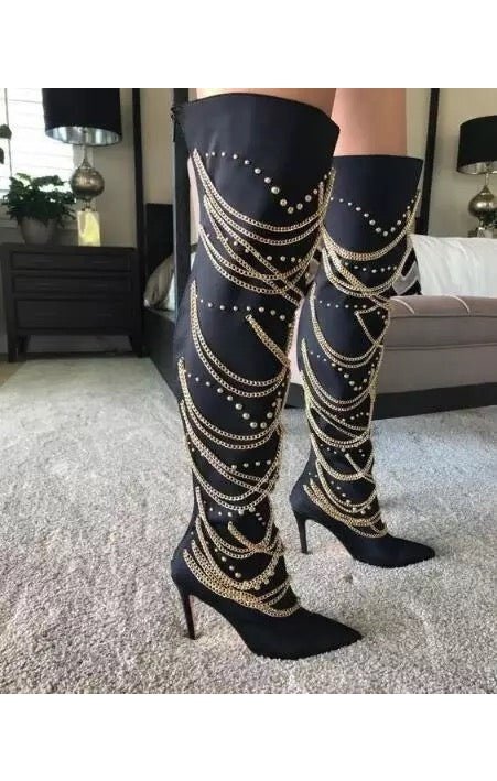 Women’s  Gold Chains Boots Pointed Toe Stiletto  (2 Colors)