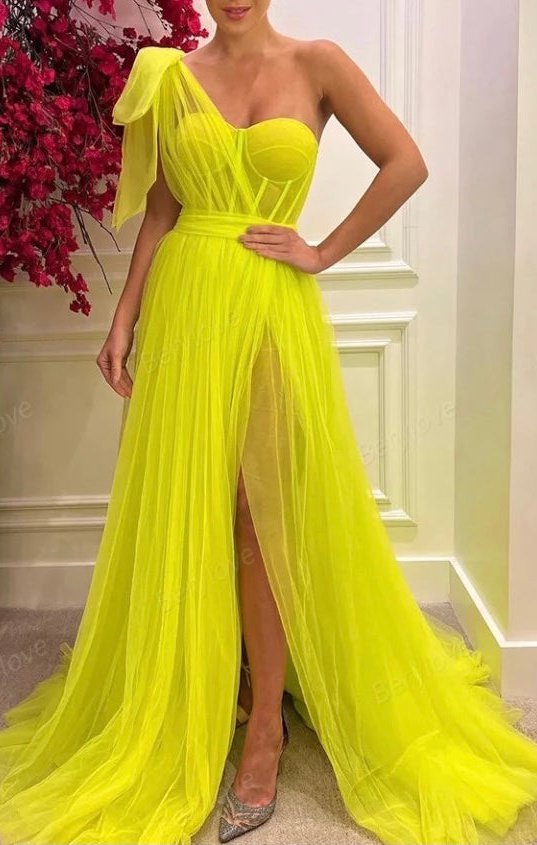 Sweetheart Long Pleated Tulle Evening Dresses One Shoulder Elegant (2 Colors)