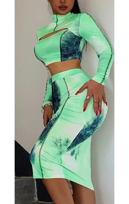 Print Sexy 2 Piece Sets Hollow Out Full Sleeve Crop Top + High Wiast Midi Skirt Set