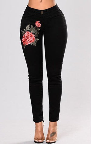 Black Skinny Jeans - Rose Embellishments