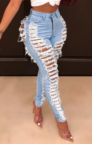 Distressed micro elastic pocket zip-up sexy jeans bottoms