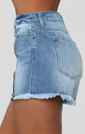 Micro elastic zip-up denim shorts