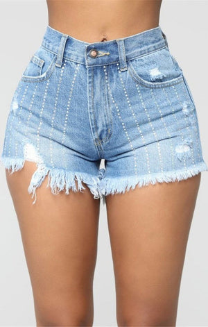 Diamond applique pockets zip-up inelastic denim shorts