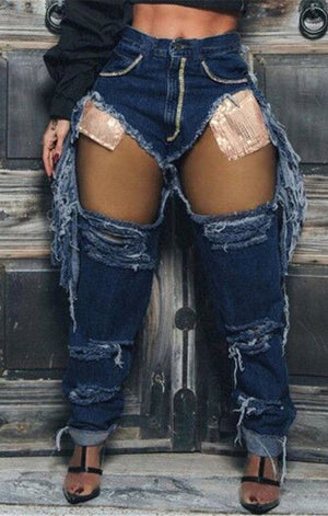 Distressed sequin and tassel micro elastic holes jeans Bottoms