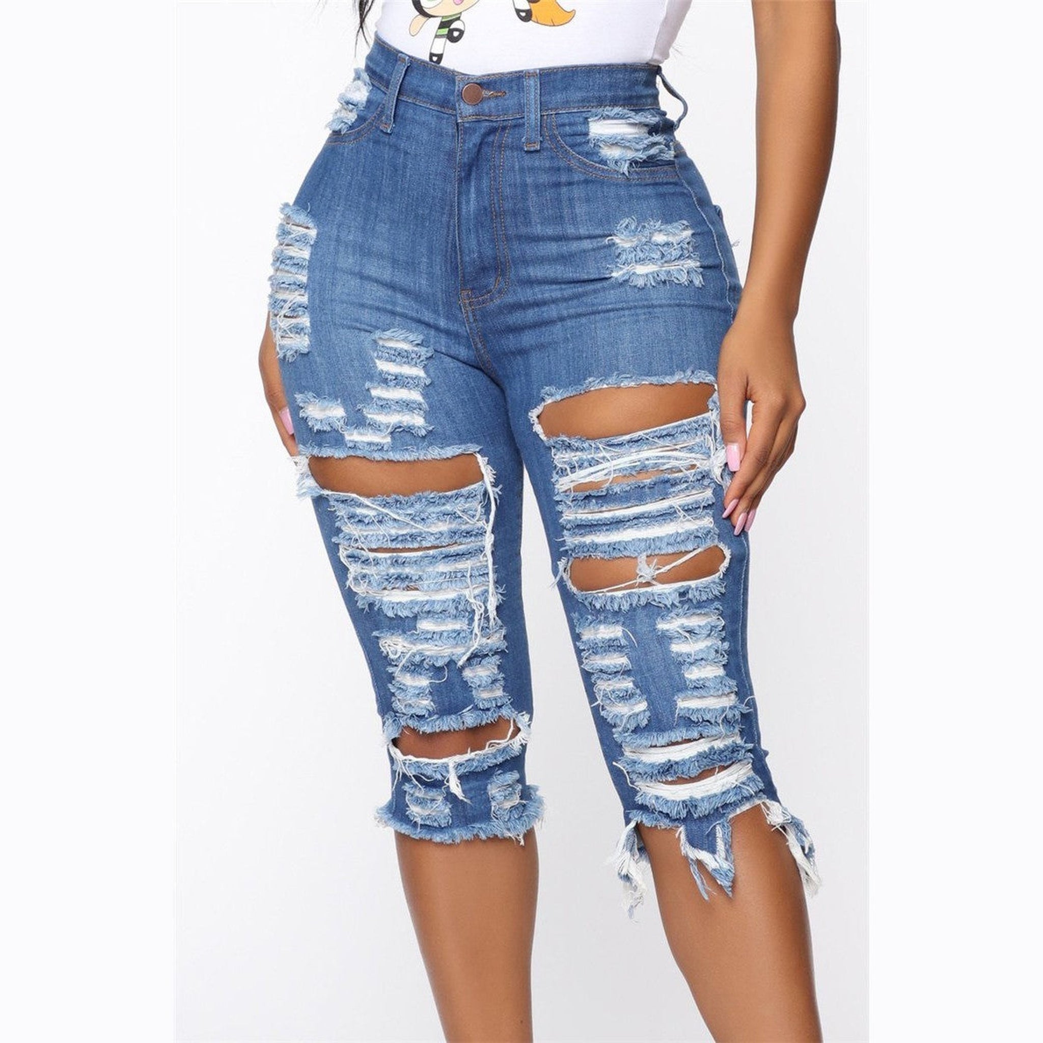 Distressed high waist stretch holes summer stylish crop jeans bottoms