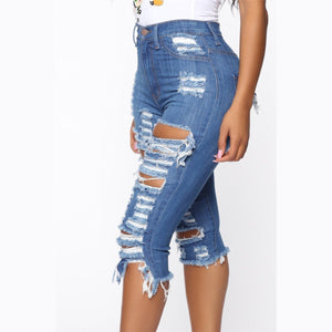 Distressed high waist stretch holes summer stylish crop jeans bottoms