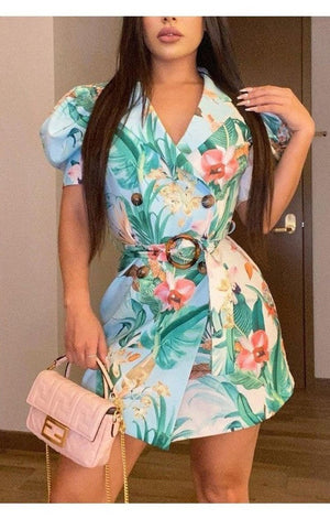 Tropical Print Puff Sleeve Double Breasted Blazer Dress