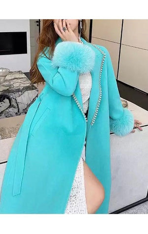Women’s Real Fur Coat Wool Blends Natural Fox Fur Cuffs Pearl Collar (4 COLORS)