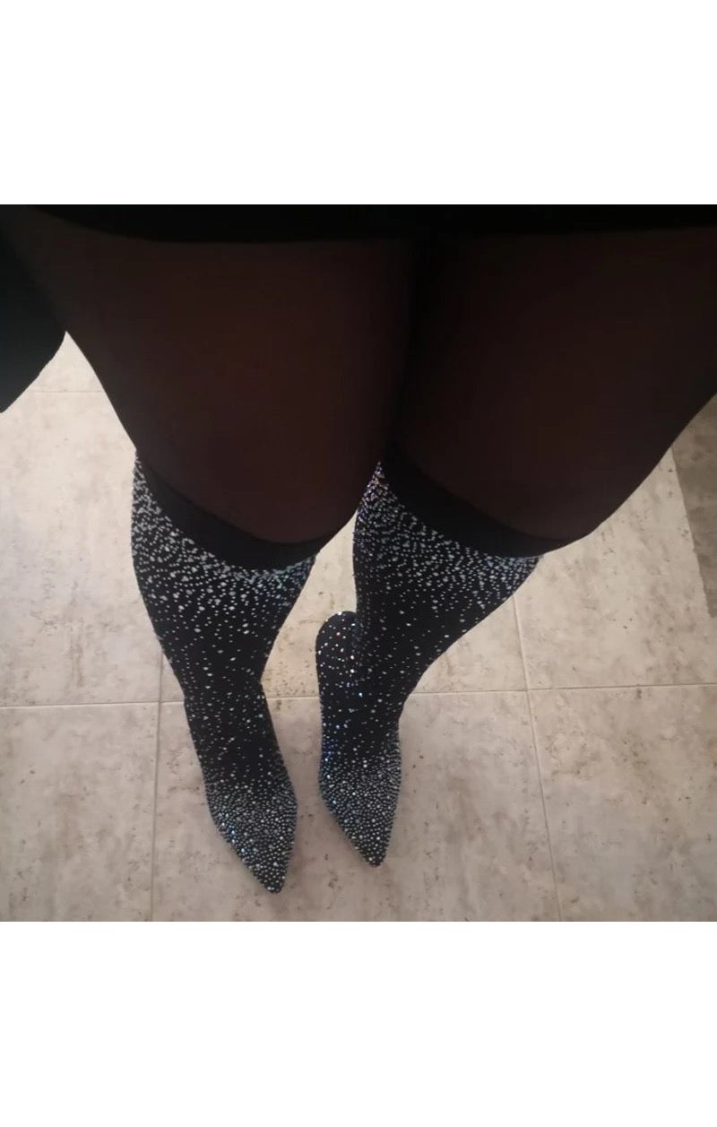 Bling Crystal Thigh High Boots Sexy Pointed Toe Stiltto Heels Over The Knee Sock Shoes Women