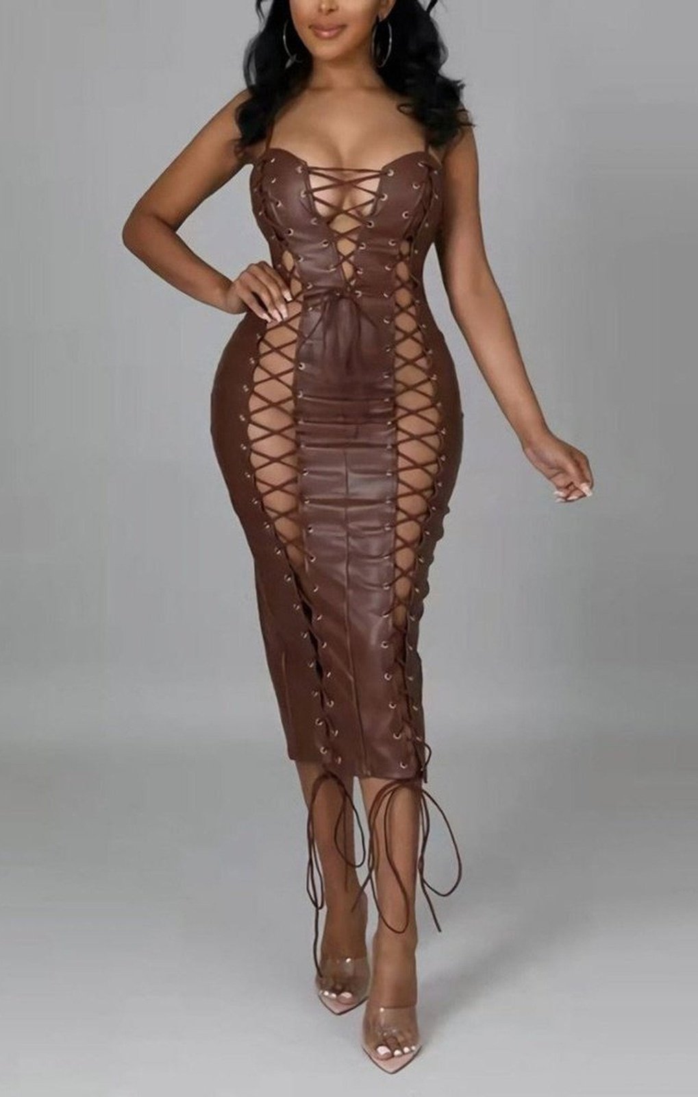 New stylish solid color hollow lace-up zip-up micro-elastic PU sling slit sexy midi dress
