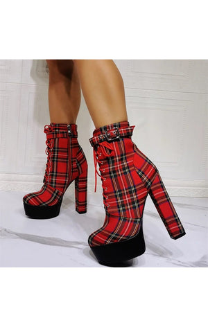 Canvas Chunky Heel Belt Buckle Lace up Ankle Boots
