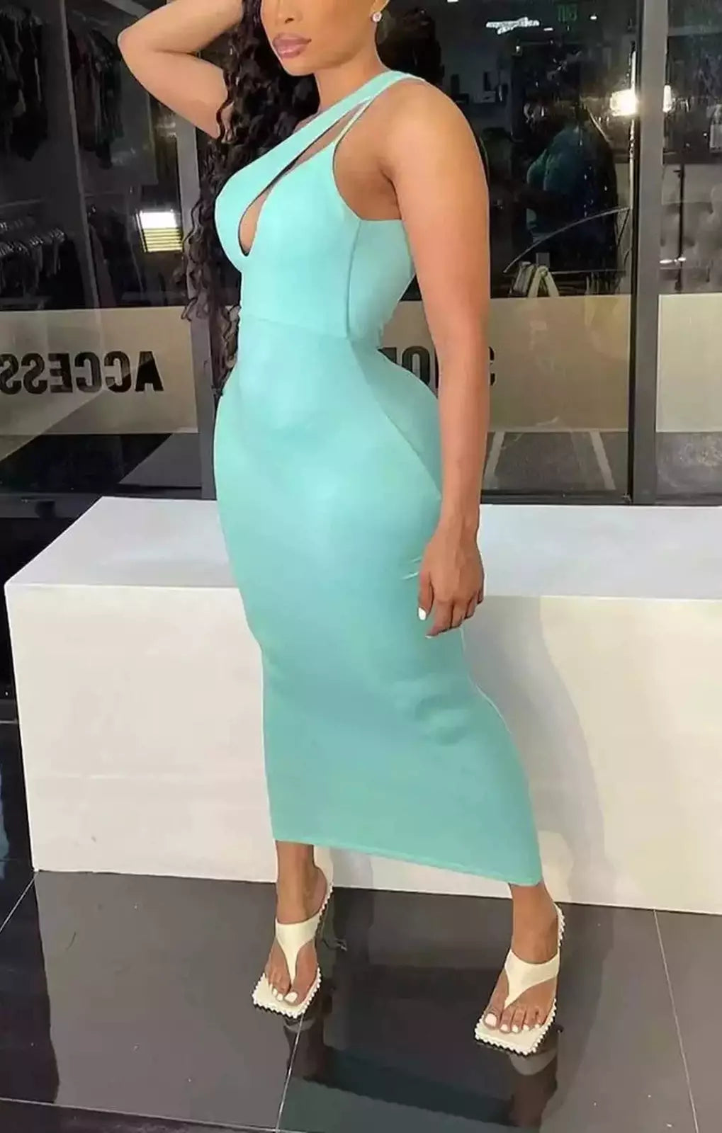 Summer new plus size stretch solid color one shoulder backless sling slim sexy midi dress