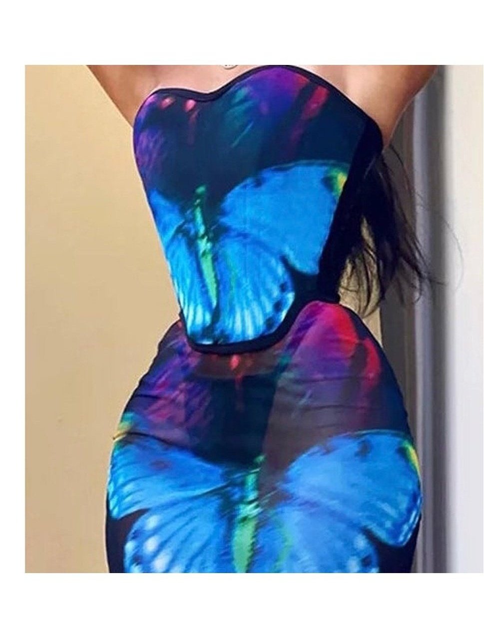 Blue Sexy Butterfly tube top corset Skirt Set