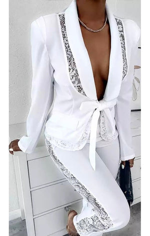 White Blazer Style Belted  Coat & Pants Set